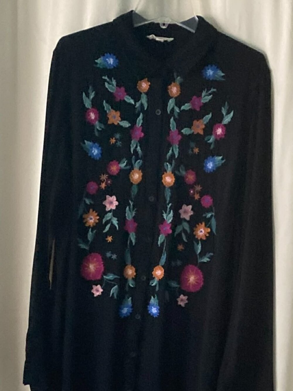 ODDI Black Floral Tunic Top Women's L Linen Blend Buttons Long Sleeve Cottage